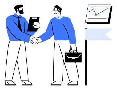 İki kişi el sıkışırken evrak çantası ve grafiğin yanında büyümeyi gösteren portföy. Ortaklık, takım çalışması, başarı, girişimcilik, mali büyüme, müzakere, işbirliği için ideal