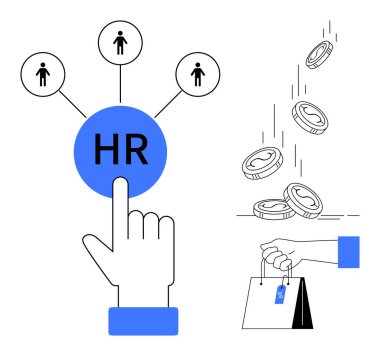 Çalışanları birbirine bağlayan İnsan Kaynakları tuşu, mali tahsisatı sembolize eden madeni paralar, yatırım için alışveriş çantası. Yönetim, işgücü, askere alma, strateji, bütçe ve işlemler için ideal