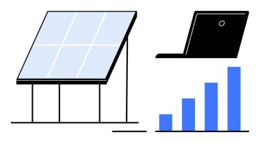 Güneş paneli yenilenebilir enerji izleme, veri analizi ve büyümeyi vurgulayan bir dizüstü bilgisayar ve bar grafiği ile eşleştirildi. Sürdürülebilirlik, enerji çözümleri, yeşil teknoloji, araştırma, yenilik ve gelecek için ideal