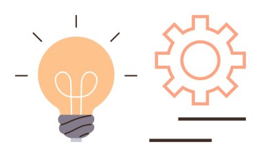 Ampul dişli tekerleğinin yanında çizgi yayıyor, yaratıcılığı, problem çözmeyi, geliştirmeyi, ekip çalışmasını ve teknolojiyi temsil ediyor. Yenilik, strateji, iş büyüme planlama verimliliği için ideal