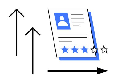 Fotoğraflı, mesajlı, dört yıldızlı ve sağı ve solu gösteren okları olan belgeler. Kariyer büyümesi, performans değerlendirmesi, kişisel gelişim, işe alım, başarı ölçümleri, başarılar için ideal