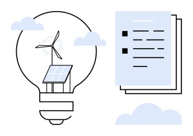 Güneş paneli ve yel değirmenli ampul, belgelerin ve yüzen bulutların yanında yenilenebilir enerji kavramı gösteriyor. Yeşil enerji, ekoloji, yenilik, eğitim, çevre, sürdürülebilirlik için ideal, basit