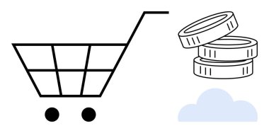 Alışveriş arabası, bozuk para yığını ve bulutlar online alışveriş, bulut teknolojisi, dijital ödemeler, ecommerce, maliyet verimliliği, perakende satış ve iş stratejisi kavramlarını yansıtıyor. Basitleştirilmiş düz benzetme