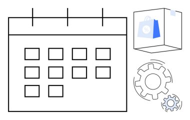 Takvim ızgarası, bir kutuda alışveriş çantası ve zaman yönetimi, e-ticaret, planlama, otomasyon, işlemler ve basit bir düz metaforda optimizasyonu temsil eden vites simgeleri.