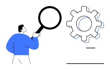 Büyüteçle insan inceleme ekipmanı, analizi sembolize etme, optimizasyon, yenilik, sorun çözme, araştırma, keşif ve geliştirme. İş mühendisliği bilimi için ideal.