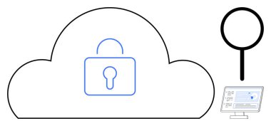 Veri güvenliğini temsil eden kilit sembollü bulut, analiz eden büyüteç ve teknoloji için bilgisayar ekranı. Siber güvenlik, veri gizliliği, şifreleme, bulut hesaplama için ideal