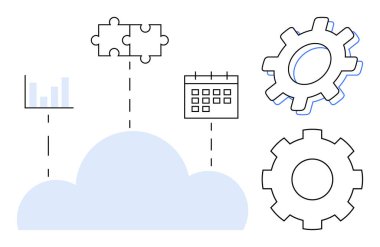Bulut simgesi bulmaca parçaları, vites, bar çizelgesi ve takvimi noktalı çizgilere bağlıyor. İşbirliği, planlama, işlem yönetimi, veri analizi, bulut teknolojisi ekip çalışması için ideal