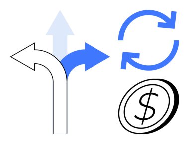 Ayırıcı oklar, dairesel ok ve dolar sikkeleri karar verme mekanizmasını, süreçleri ve finansal seçenekleri vurguluyor. İş, finans, iş akışı, tercihli ekonomi stratejisi yatırımı için ideal