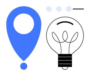 Kalın mavi lokasyon iğnesi ve lamba ana hatları yaratıcılığı ve navigasyonu simgeler. Yenilik, keşif, beyin fırtınası, teknoloji, girişimler, rehberlik, strateji için idealdir. Basit bir düz metafor.