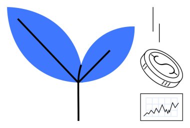 Düşen bir madeni para ve grafiğin yanında büyümeyi temsil eden mavi yaprak yatırım, sürdürülebilirlik ve karı simgeliyor. Finans, eko-dostluk, ekonomi, çevre, ilerleme ve başarı için ideal