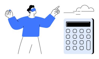 VR kulaklık takan kişi, arka planda sakin bulutlar olan hesap makinesini işaret ediyor. Teknoloji, finans, sanal gerçeklik, analitik, yenilik, gelecek eğilimleri, eğitim için idealdir. Basit düz metafor