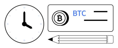 Analog saat, ödeme kartındaki Bitcoin simgesi ve kalem zaman yönetimi, dijital para birimi, yenilik, finansal süreçler, planlama, engelleme zinciri ve basit düz metaforu temsil eder.