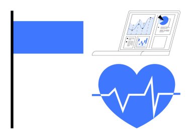 Mavi bayrak, analitik gösterge paneli olan dizüstü bilgisayar, nabzı atan kalp. Sağlık, uygunluk, analiz, performans, ilerleme hedefleri verileri için idealdir. Basit düz metafor