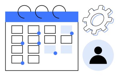 Vurgulanmış tarihler, kullanıcı simgesi ve ayarlar için teçhizat içeren takvim üretkenliği, zamanlamayı ve kişiselleştirmeyi vurgular. Planlama, yönetim, iş akışı, organizasyon işbirliği görevleri için ideal