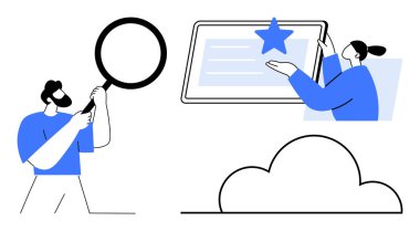 Büyüteçle inceleme yapan bir adam ve bulut simgesinin yanındaki tabletteki yıldız işaretli belgeyi gösteren bir kadın. Analiz, değerlendirme, sunum, veri depolama, takım çalışması, dijital yenilik için ideal