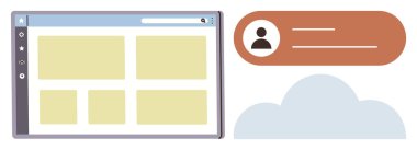 Web tarayıcı penceresi kullanıcı profili bilgisi ve bulut şekilli gösterge paneli düzenini gösterir. Kullanıcı yönetimi için ideal, çevrimiçi hizmetler, bulut hesaplama, arayüz tasarımı, üretkenlik, teknoloji, veri