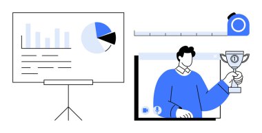 Sunum panosunda çubuk ve pasta grafiği, bir cetvel ve elinde kupa tutan bir kişi. İş analizleri için ideal, çevrimiçi başarı, takım çalışması, uzaktan çalışma, dijital başarı