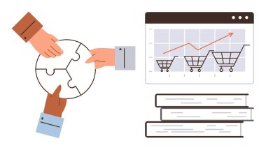 Eller yapboz parçalarını birleştiriyor, alışveriş arabaları çizelgede, istiflenmiş kitaplar. Takım çalışması, strateji, e-ticaret, eğitim, büyüme yenilikçiliği işbirliği için ideal. Canlı düz metafor