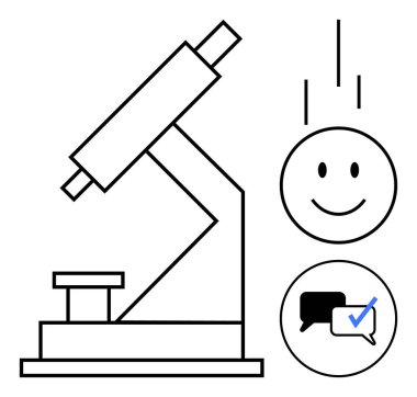 Mutlu yüz ve konuşma baloncuklarının yanında araştırma, analiz, geri bildirim, yenilik, eğitim, keşif ve iletişimi temsil eden işaretli mikroskop. Bilim ve öğrenme için ideal. Asgari