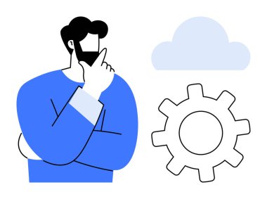 Bulut ve teçhizat yakınında elleri çenesinde düşünen bir adam. Bulut hesaplama, yenilik, teknoloji, karar verme, mühendislik, otomasyon ve modern çözümler için idealdir. Basit düz metafor