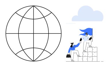 Yapboz parçalarının başarı basamaklarında liderlik ve takım çalışmasıyla işbirliği yapan iki kişi. Küresel bağlantı, bayrak ve bulut olarak dünyayı içerir. İş, liderlik, takım çalışması için ideal