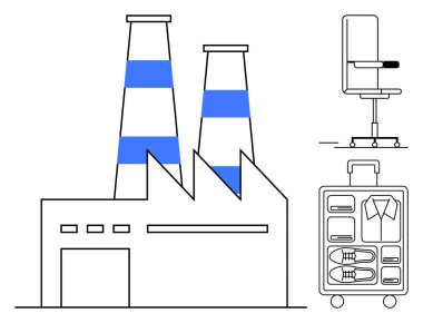 Bacalı sanayi fabrikası, tekerlekli ergonomik ofis koltuğu ve iyi düzenlenmiş seyahat valizi. Sanayi, verimlilik, işyeri, seyahat, organizasyon, verimlilik için idealdir.