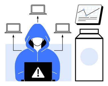 Kapüşonlu kapüşonlu bir bilgisayar korsanı, bağlı dizüstü bilgisayarlar, veri tablosu ve meyve suyu karton sunumu. Siber güvenlik, hackleme, şifrelenmiş veri, siber suç, veri koruma tehditleri için ideal