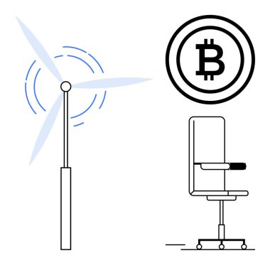 Rüzgar türbini hareket halinde, Bitcoin amblemi, ofis koltuğu tasarımı. Sürdürülebilirlik, finans, teknoloji, yenilik, modern işyeri yeşil enerji dijital ekonomisi için idealdir. Basit düz metafor