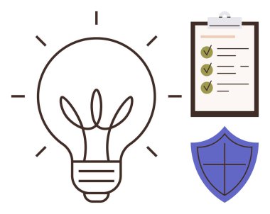 Ampul, yeşil işaretli kontrol listesi ve kalkan yaratıcılığı, organizasyonu ve korumayı vurguluyor. Yenilik, planlama, güvenlik, problem çözme takım çalışması risk yönetimi için ideal