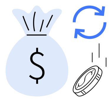 Dolar işaretli çantalar, dönen oklar, düşen paralar finans, gelir, tasarruf, yatırım, ekonomi para akışını sembolize ediyor. Ticari bankacılık stratejisi bütçeleme ekommersi için idealdir. Basit.