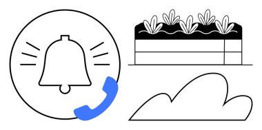 Çıngıraklı çan, telefon ikonu, soyut bulut şekli ve bitkilerle dolu bahçe yatağı. İletişim, doğa, alarm, teknoloji, çevre büyüme planı için idealdir. Basit düz metafor