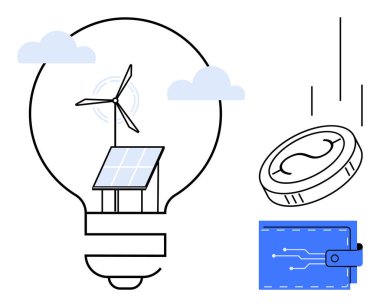 Güneş paneli, rüzgar türbini, bulut elementleri, bozuk para ve dijital cüzdanı olan ampul. Yenilenebilir enerji, eko-finans, yenilik, teknoloji, sürdürülebilirlik temiz enerji ve dijital için ideal
