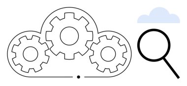 Bulutun içinde birbirine kenetlenmiş üç vites büyüteçle verimliliği, optimizasyonu ve problem çözmeyi temsil ediyor. Teknoloji, analitik, yenilik, veri depolama, araştırma için ideal