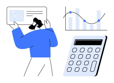 Ekranda çizgi grafiği ve hesap makinesiyle profesyonel inceleme verileri. Finans, analitik, iş geliştirme, strateji, karar verme, eğitim için ideal, basit düz metafor