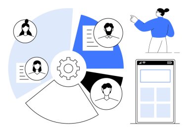 Kullanıcı portreli pasta grafiği, vites simgesi, belge verileri, mobil UI modeli ve işaret eden kişi. İşbirliği için ideal, takım yönetimi, veri paylaşımı, proje planlama UIUX iş akışı için basit düz