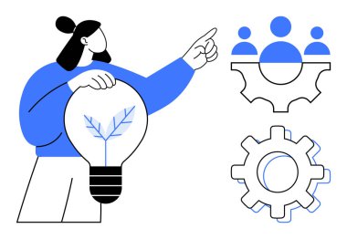 Elinde bitkiyle ampul tutan kadın, insan işbirliğine ve vites sembollerine işaret ediyor. Sürdürülebilirlik, takım çalışması, yenilik, büyüme, strateji, yaratıcılık yönetimi için idealdir. Basit bir düz metafor.