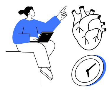 Diz üstü bilgisayarı yukarıya bakan bir kadın, anatomik kalp ve saat yakınlarda. Sağlık eğitimi, zaman yönetimi, anatomi, sağlık hizmetleri, öğrenme, bilim verimliliği için ideal. Basit düz metafor
