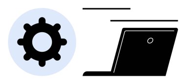 Sistemi temsil eden teçhizat dijital işlemler için bir dizüstü bilgisayarla eşleştirildi. Otomasyon, teknoloji, verimlilik, yenilik, iş akışı ve iş için ideal. Minimalist daire