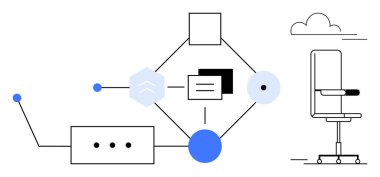 Nodlarla, çizgilerle, şekillerle, belgelerle ve bulutların altında bir ofis sandalyesiyle soyut diyagram. Çalışma akışı, organizasyon, teknoloji, uzak iş süreçleri takım çalışması ve yenilik için ideal