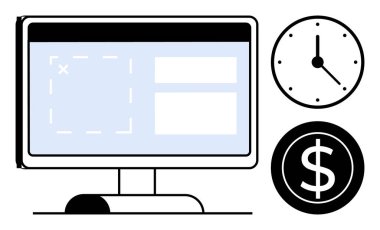 Bilgisayar monitörü kullanıcı arayüzü tasarımı, zaman yönetimini sembolize eden saat, finansal açıdan dolar işareti. Üretkenlik, UI tasarımı, serbest tasarım, finans, zaman takibi için ideal
