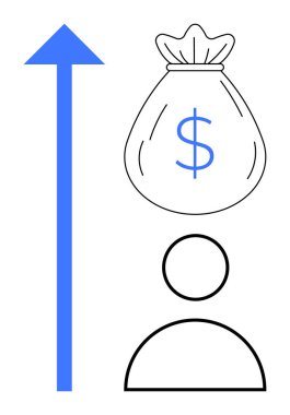 Yukarı mavi ok, dolar işaretli para çantası ve kişisel finansal büyümeyi simgeleyen insan figürü. Finans, yatırım, başarı, iş, fırsatlar, zenginlik hedefi belirlemek için ideal