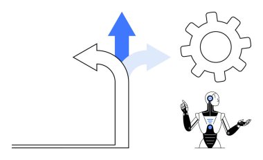 Yukarı doğru ok ve teçhizat taşıyan robotlar gelişmeyi, teknolojiyi, karar vermeyi ve takım çalışmasını sembolize ediyor. Yenilik, strateji, yapay zeka, problem çözme otomasyonu için ideal basit