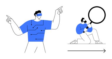 İki birey teknolojiyi araştırıyor, biri VR kulaklıklı ve sanal devreli, diğeri de büyüteçle veri analiz ediyor. Yenilik, teknoloji, analitik, araştırma, fütüristik kavramlar için ideal