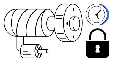 Silindirik tasarım, asma kilit ve saati simgeleyen mobese kamerası gözetleme, koruma, zaman bazlı izleme ve güvenlik protokollerini simgeliyor. Güvenlik, mahremiyet ve denetim için ideal