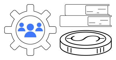 Takım ikonu, kitap yığını ve madeni para ana hatları takım çalışması, öğrenme ve finansal büyümeyi temsil ediyor. İş dünyası, eğitim, takım çalışması liderlik yeniliklerini finanse etmek için idealdir. Basit.