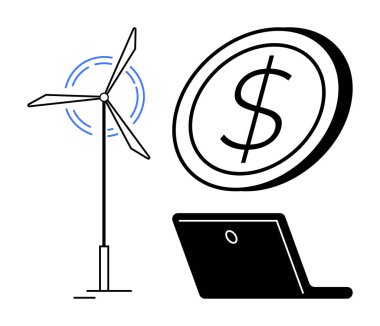 Rüzgar türbini, dolar madeni para ve dizüstü bilgisayar sürdürülebilirliği, ekonomik kalkınmayı ve yeniliği vurguluyor. Enerji, finans, teknoloji çevre yatırım eko-ticaret yeşil teknolojisi için idealdir. Basit.