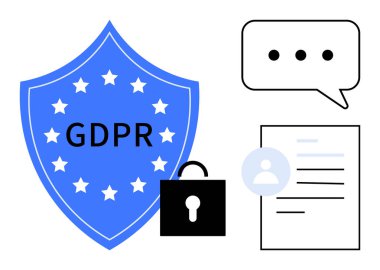 GDPR mesajı ve yıldızlı mavi kalkan, kapalı kilit, konuşma balonu ve kullanıcı veri belgesi. Gizlilik, veri güvenliği, uyum, koruma, yönetmelik yönetimi için ideal basit düz metafor