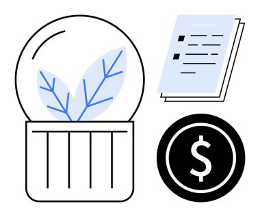 Bir kürede bırakılan belgeler, dokümantasyon öneren kağıt yığınları ve çevre dostu büyüme, yatırım ve mali planlamayı vurgulayan bir para ikonu. Sürdürülebilirlik, finans, iş, ekoloji için ideal