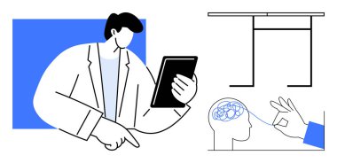 Bireyin elinde soyut beyin tanıma çizimi ve asgari masa grafiği ile dokunmuş bir tablet var. Teknoloji, eğitim, üretkenlik, araştırma ve içgörü için ideal