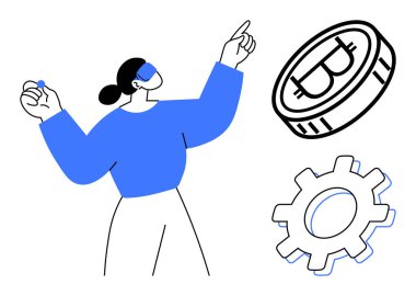 Kadın, Bitcoin madeni para ve teçhizat yanında yukarı doğru küçük bir nesneyi işaret ederek teknolojiyi, kripto para birimini ve yeniliği sembolize ediyor. Kripto eğitimi için ideal, teknolojik büyüme, finans, engelleme zinciri